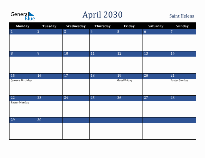 April 2030 Saint Helena Calendar (Monday Start)