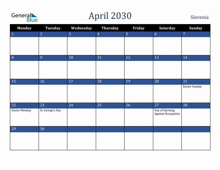 April 2030 Slovenia Calendar (Monday Start)