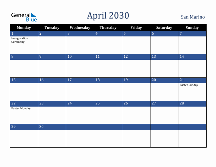 April 2030 San Marino Calendar (Monday Start)