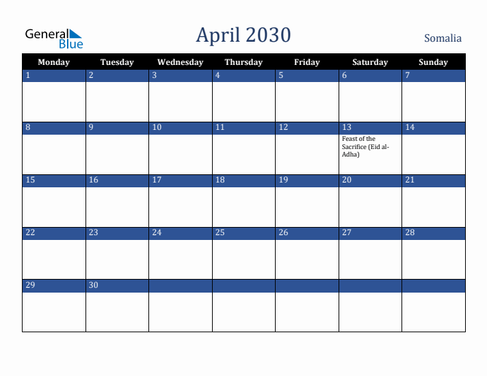April 2030 Somalia Calendar (Monday Start)