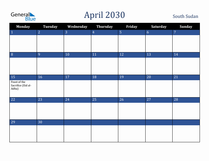 April 2030 South Sudan Calendar (Monday Start)