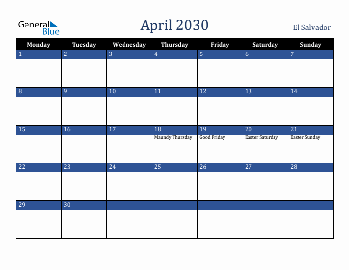 April 2030 El Salvador Calendar (Monday Start)