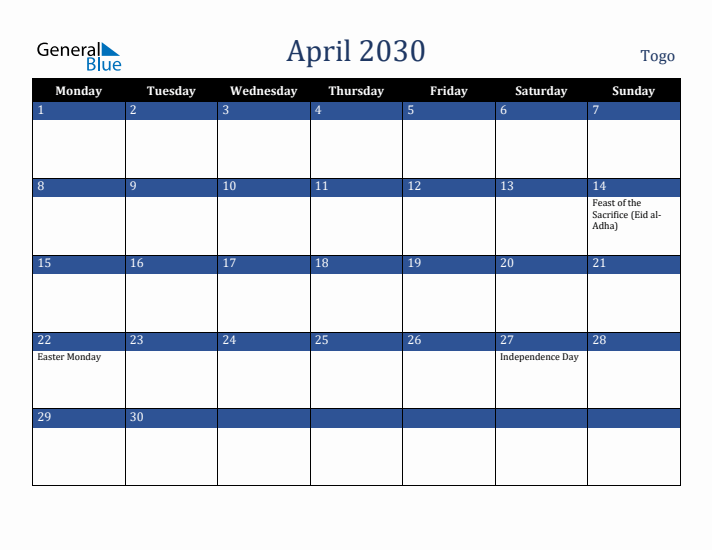 April 2030 Togo Calendar (Monday Start)