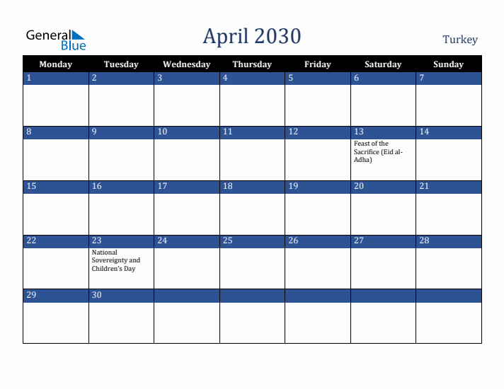 April 2030 Turkey Calendar (Monday Start)