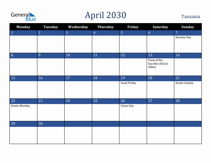 April 2030 Tanzania Calendar (Monday Start)
