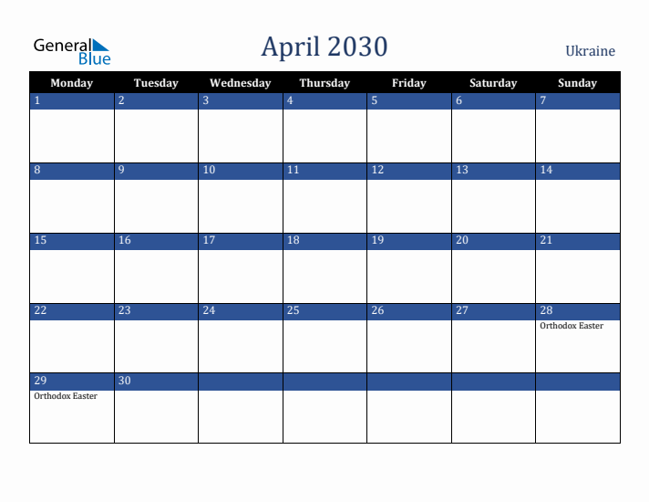 April 2030 Ukraine Calendar (Monday Start)
