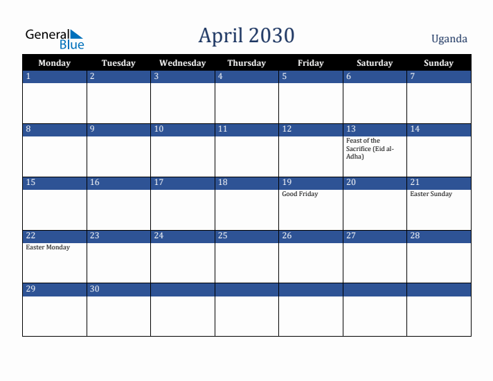 April 2030 Uganda Calendar (Monday Start)