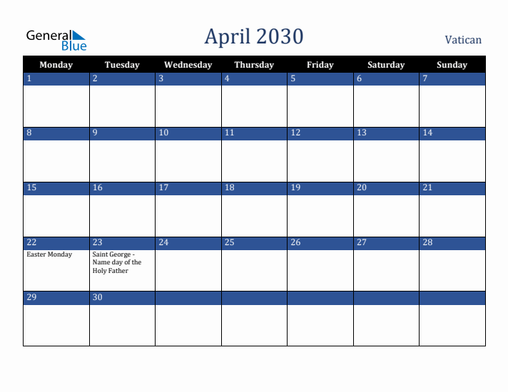 April 2030 Vatican Calendar (Monday Start)