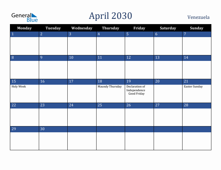 April 2030 Venezuela Calendar (Monday Start)