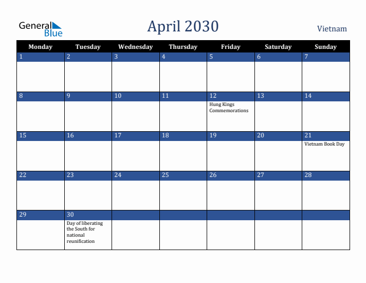 April 2030 Vietnam Calendar (Monday Start)