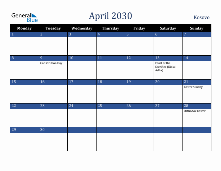 April 2030 Kosovo Calendar (Monday Start)