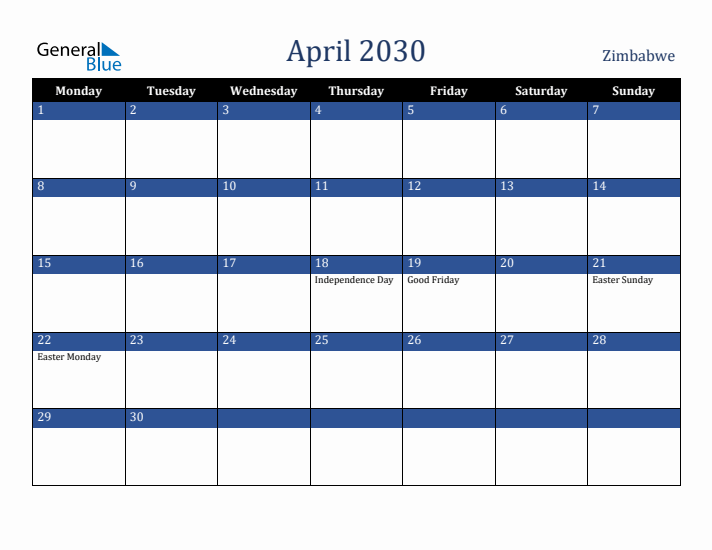April 2030 Zimbabwe Calendar (Monday Start)