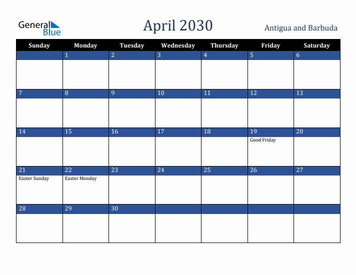 April 2030 Antigua and Barbuda Calendar (Sunday Start)