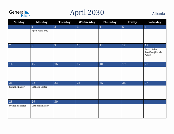 April 2030 Albania Calendar (Sunday Start)
