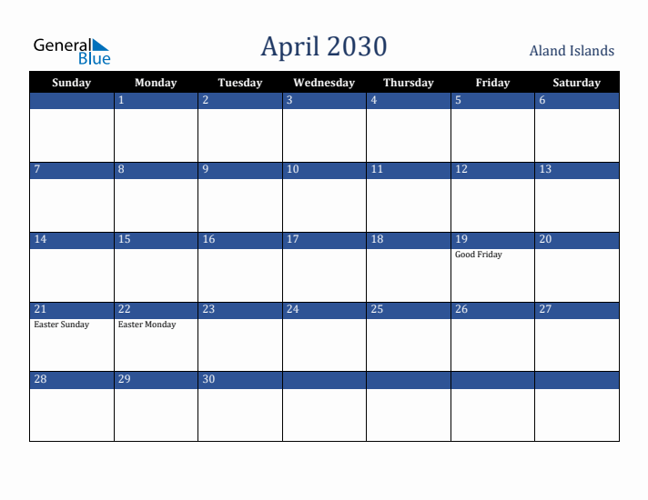 April 2030 Aland Islands Calendar (Sunday Start)