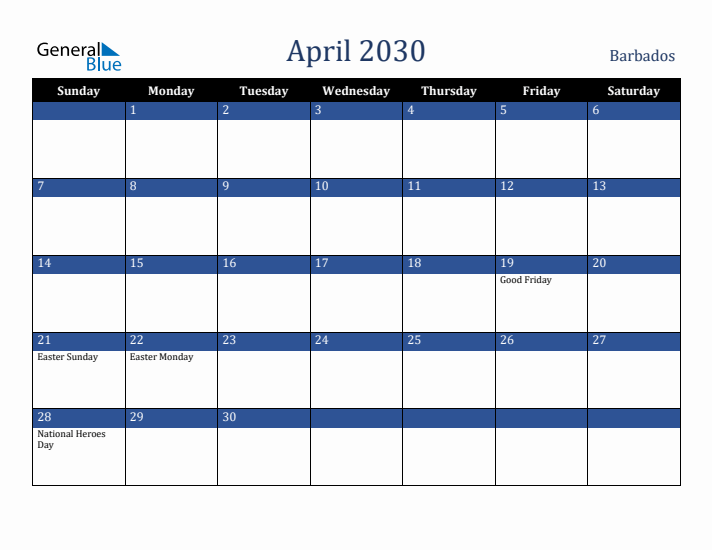 April 2030 Barbados Calendar (Sunday Start)