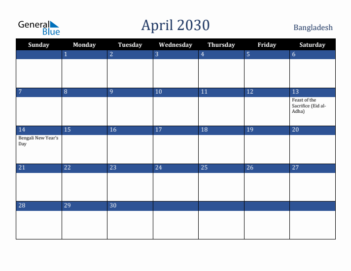 April 2030 Bangladesh Calendar (Sunday Start)