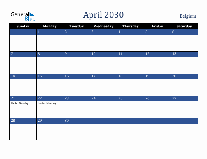 April 2030 Belgium Calendar (Sunday Start)