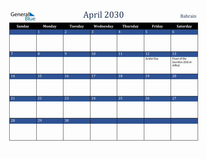 April 2030 Bahrain Calendar (Sunday Start)