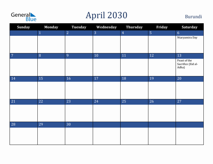 April 2030 Burundi Calendar (Sunday Start)