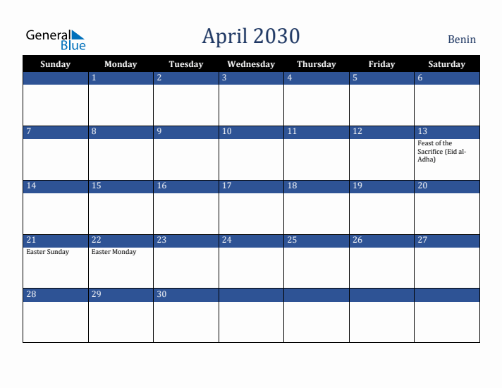 April 2030 Benin Calendar (Sunday Start)