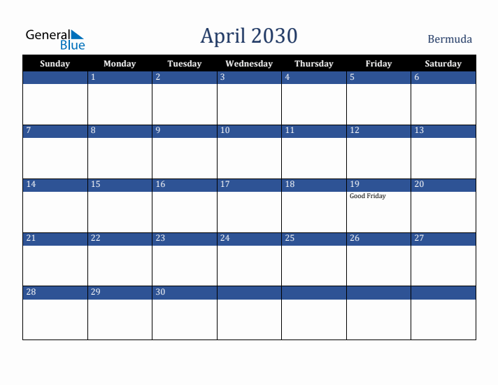 April 2030 Bermuda Calendar (Sunday Start)