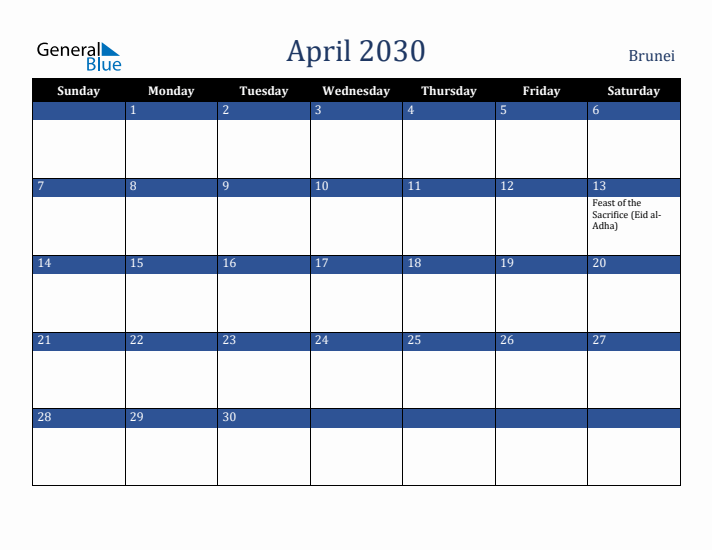 April 2030 Brunei Calendar (Sunday Start)