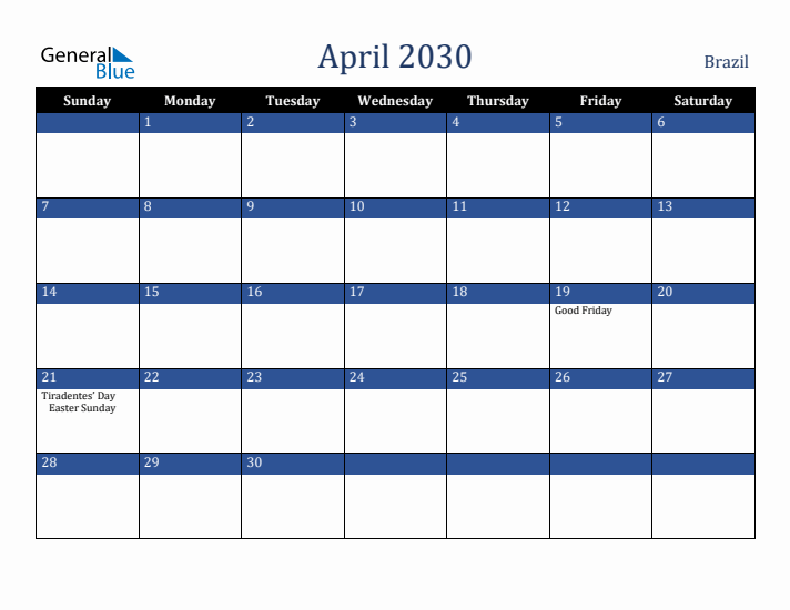 April 2030 Brazil Calendar (Sunday Start)