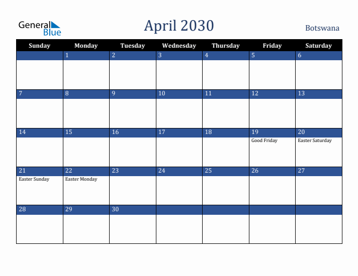 April 2030 Botswana Calendar (Sunday Start)