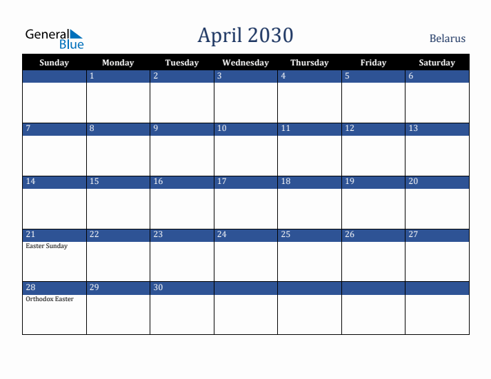 April 2030 Belarus Calendar (Sunday Start)