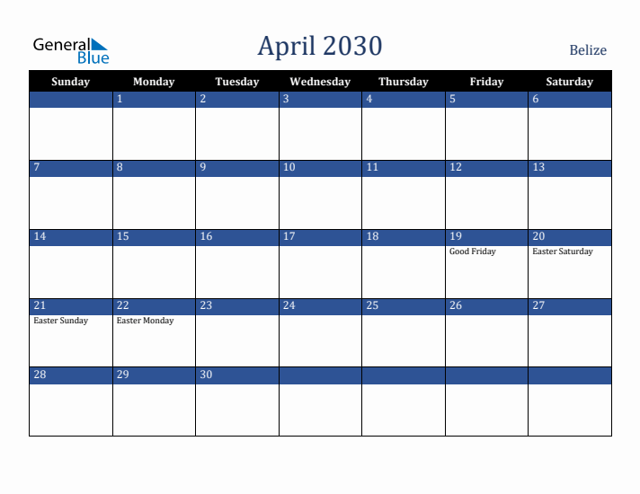 April 2030 Belize Calendar (Sunday Start)