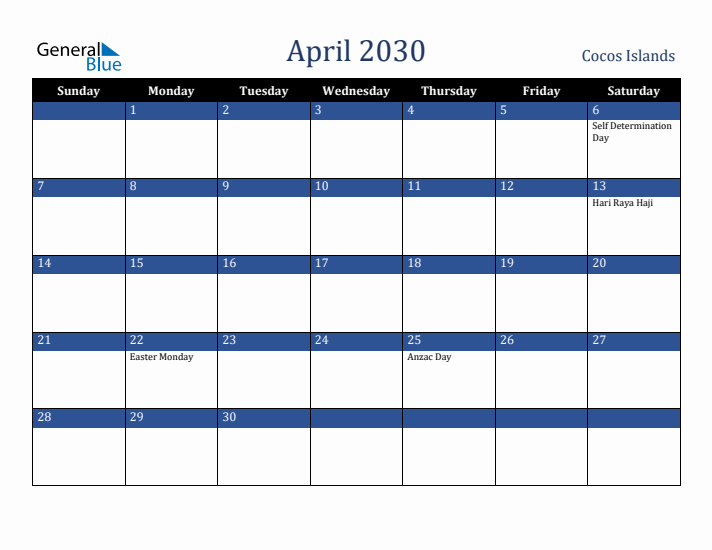 April 2030 Cocos Islands Calendar (Sunday Start)