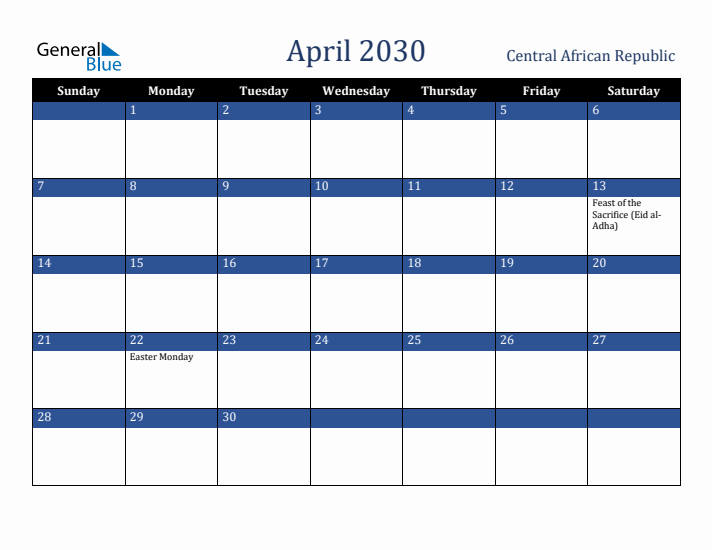 April 2030 Central African Republic Calendar (Sunday Start)