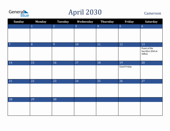 April 2030 Cameroon Calendar (Sunday Start)