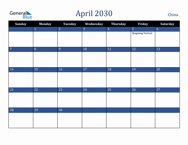 April 2030 China Calendar (Sunday Start)