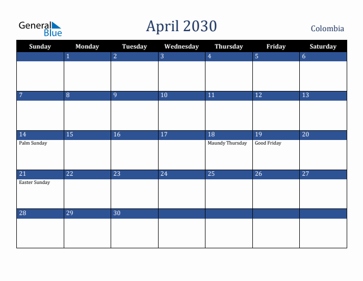 April 2030 Colombia Calendar (Sunday Start)