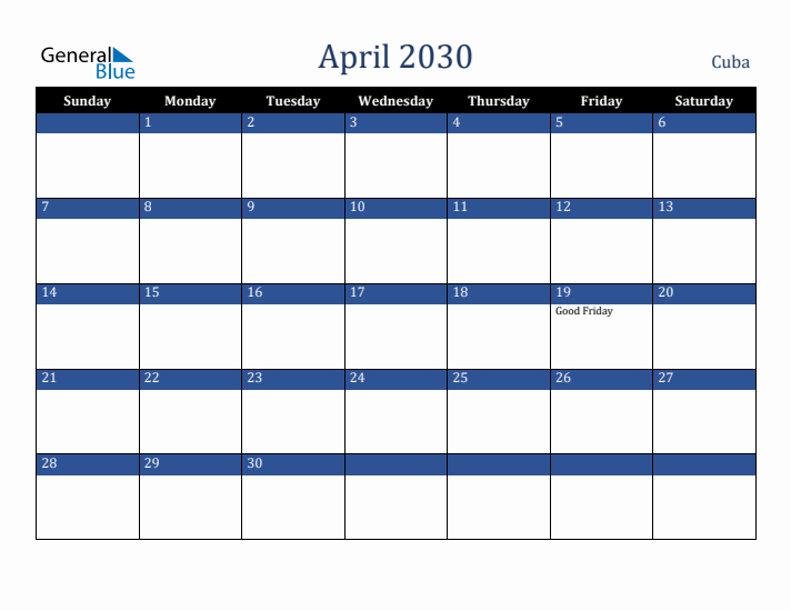 April 2030 Cuba Calendar (Sunday Start)