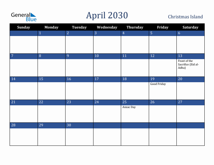 April 2030 Christmas Island Calendar (Sunday Start)