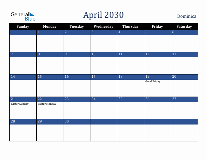 April 2030 Dominica Calendar (Sunday Start)
