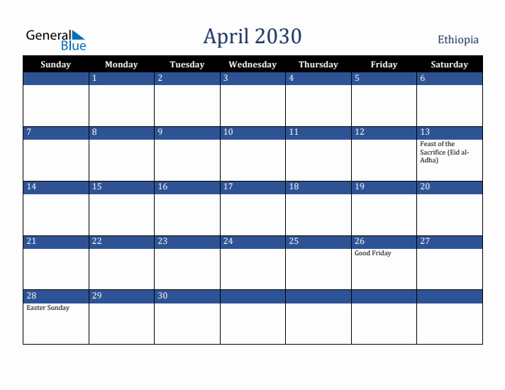 April 2030 Ethiopia Calendar (Sunday Start)