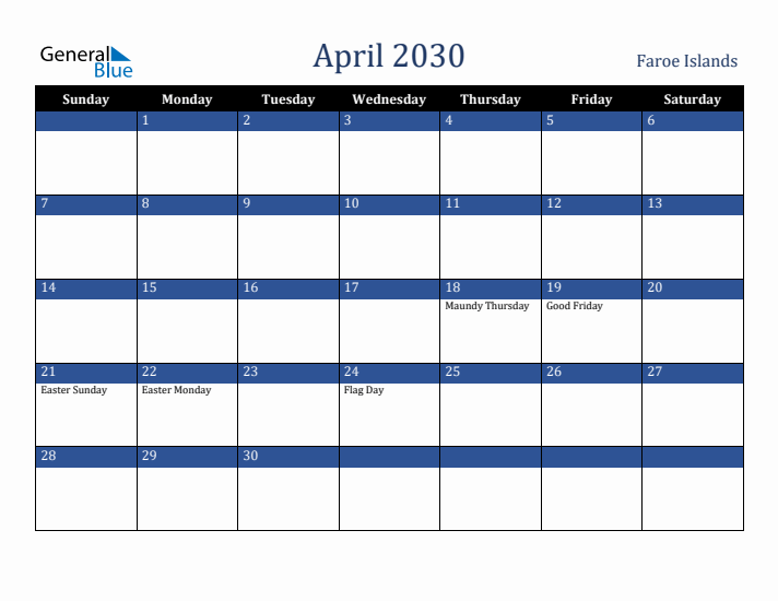 April 2030 Faroe Islands Calendar (Sunday Start)