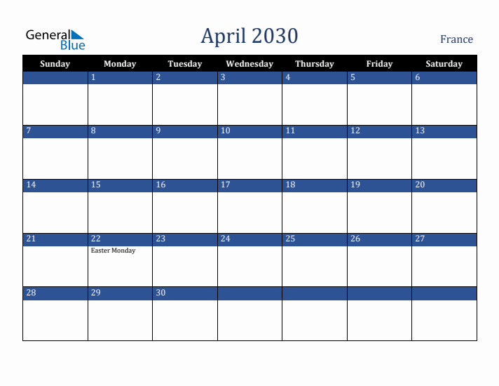 April 2030 France Calendar (Sunday Start)