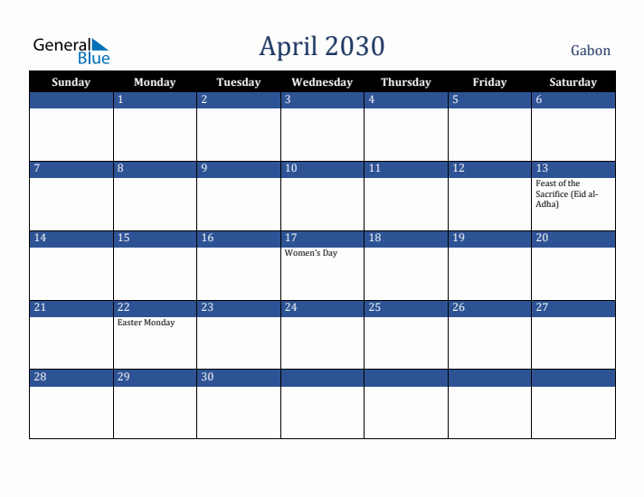 April 2030 Gabon Calendar (Sunday Start)