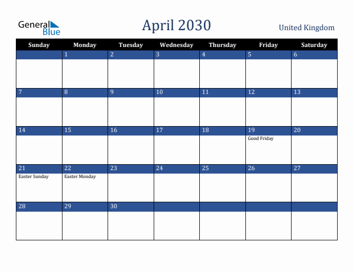 April 2030 United Kingdom Calendar (Sunday Start)