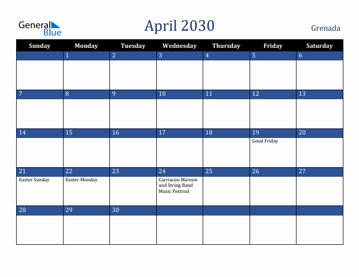 April 2030 Grenada Calendar (Sunday Start)