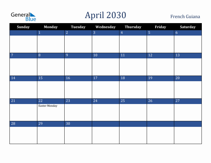 April 2030 French Guiana Calendar (Sunday Start)