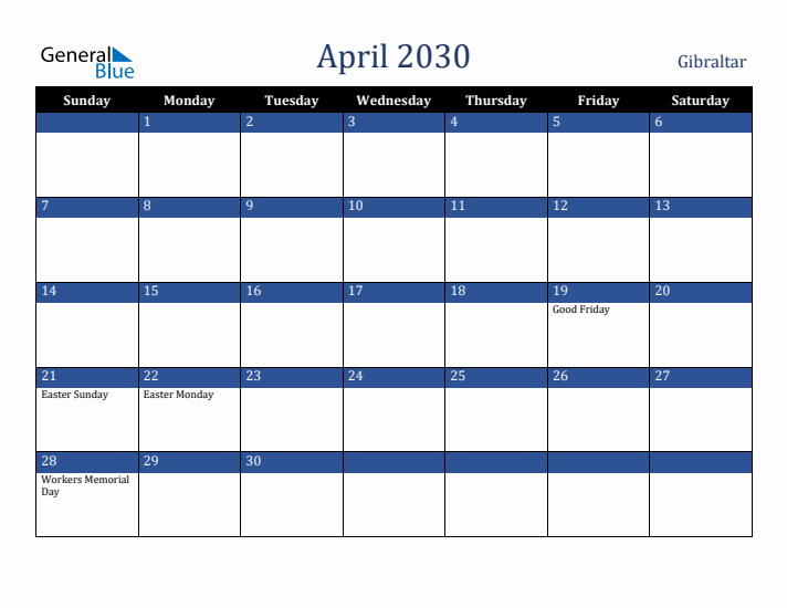 April 2030 Gibraltar Calendar (Sunday Start)