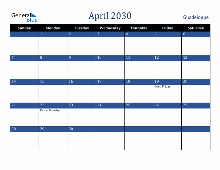 April 2030 Guadeloupe Calendar (Sunday Start)