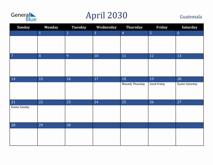 April 2030 Guatemala Calendar (Sunday Start)