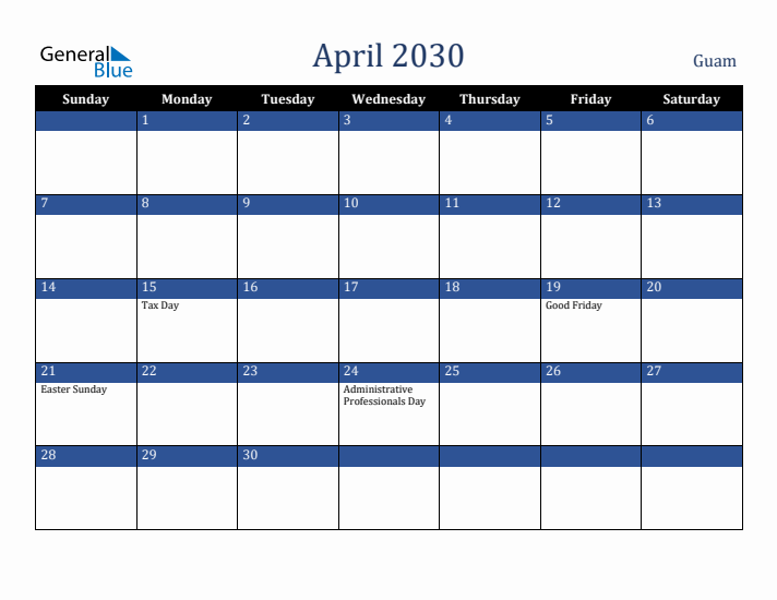 April 2030 Guam Calendar (Sunday Start)
